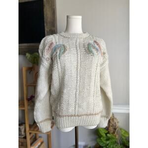 Vintage 80s Feather Sweater Creamy White Chunky Knit Bohemian Size Large